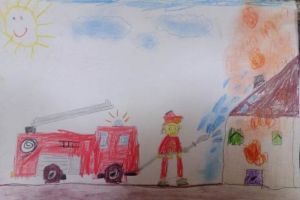 rysunek przedstawiający strażaka w akcji gaszenia pożaru