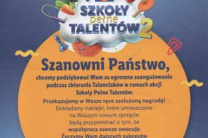 Dyplom za udział w udział w akcji zbierania Talenciaków.