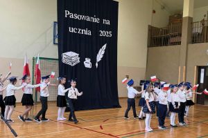 Dzieci wykonują taniec z flagami.